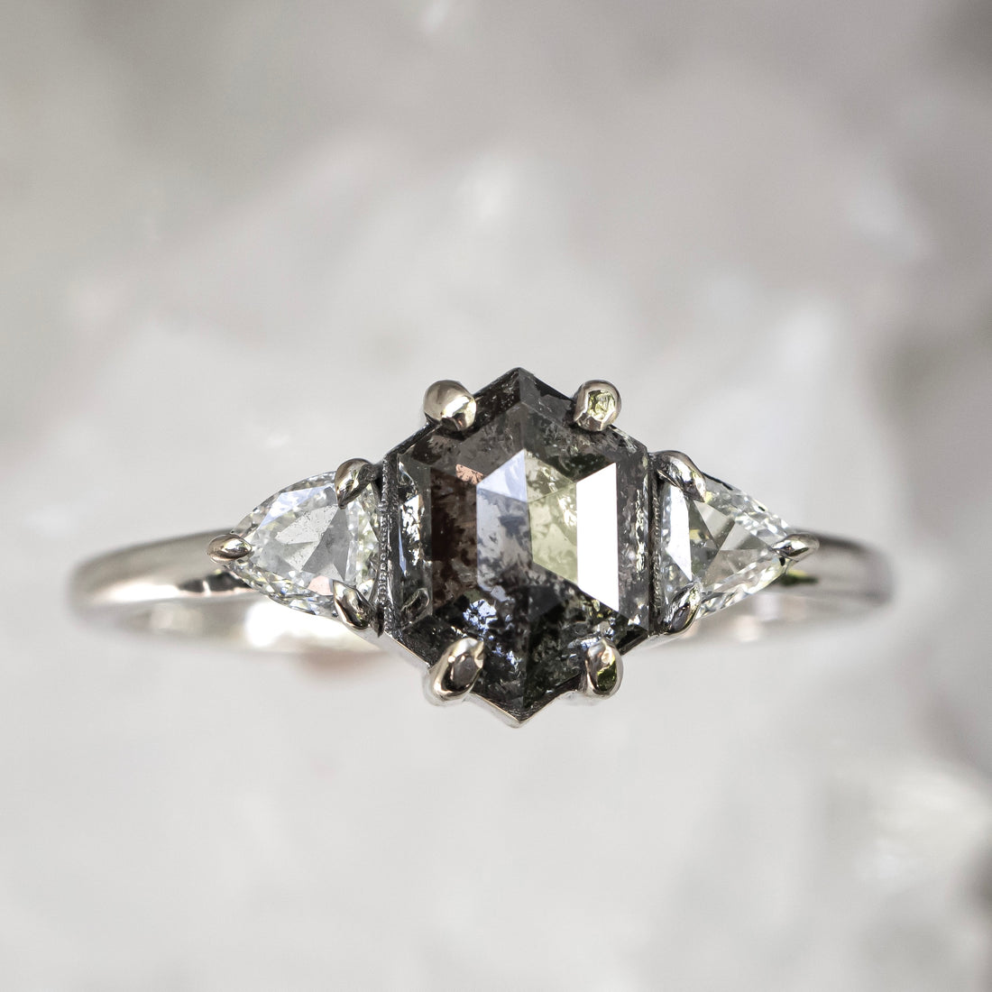 Salt and Pepper Hexagon Diamond Ring with Triangle Accents, 14k White Gold