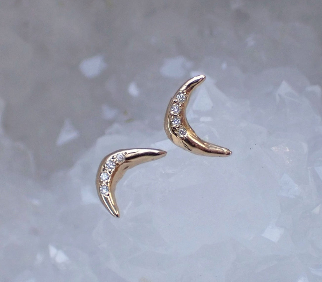 Crescent Moon + Diamond accent studs, hand carved, 14k gold - mossNstone