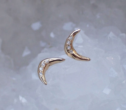 Crescent Moon + Diamond accent studs, hand carved, 14k gold - mossNstone