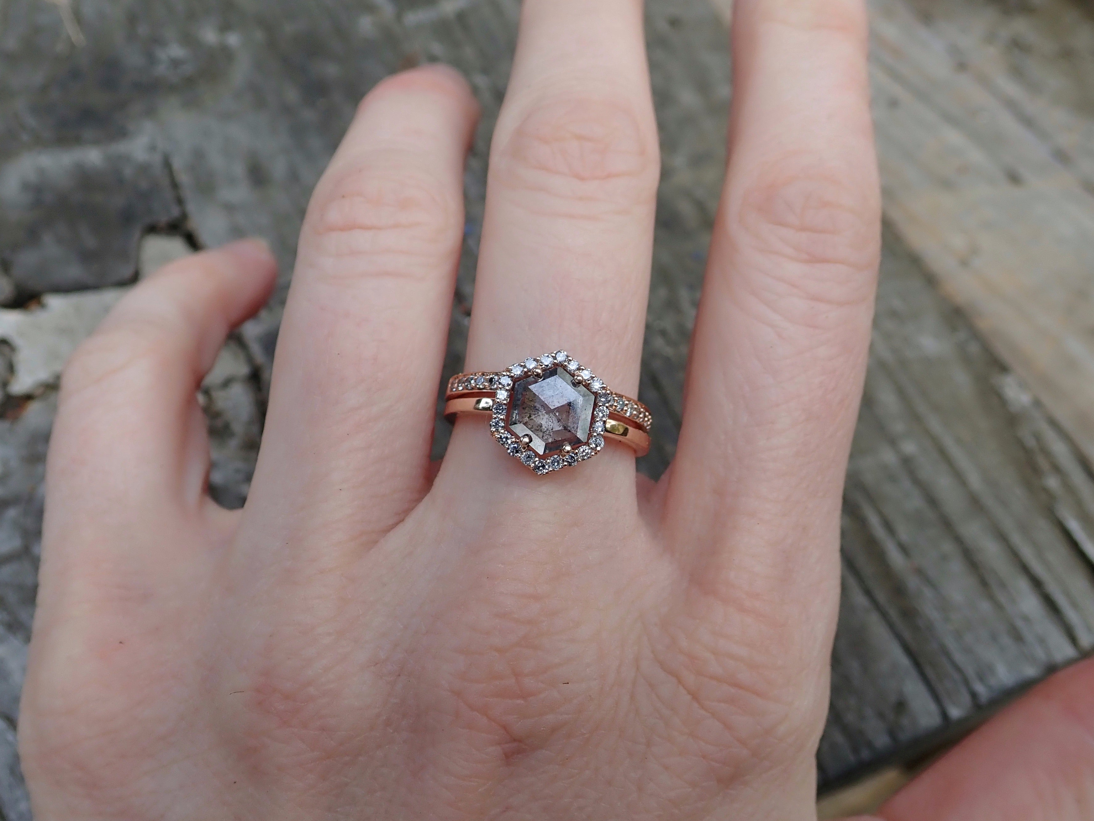 Ready to to Ship: Salt and Pepper Hexagon Halo Diamond Ring 14k Rose Gold, Size 6 - mossNstone