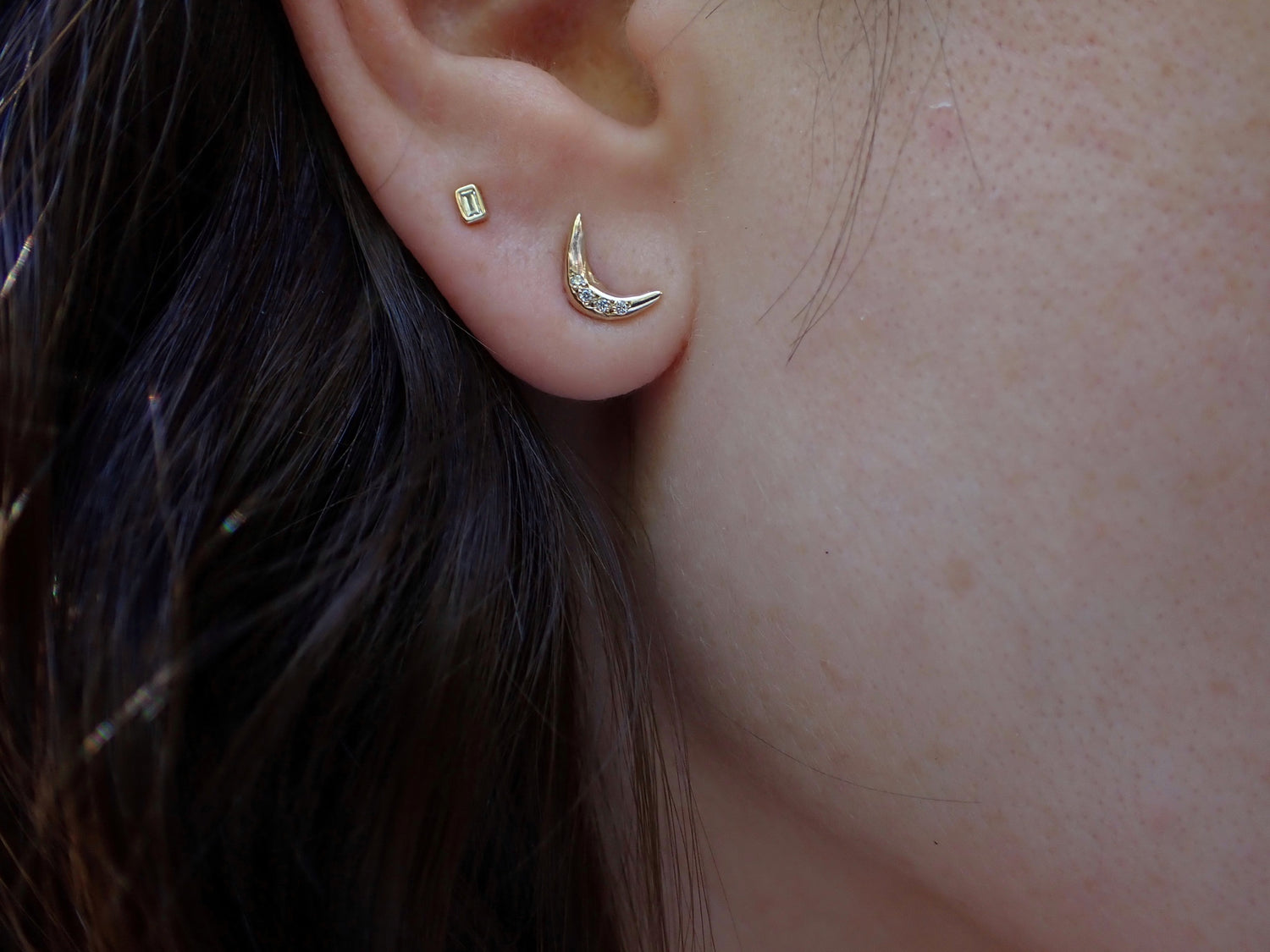 Crescent Moon + Diamond accent studs, hand carved, 14k gold - mossNstone