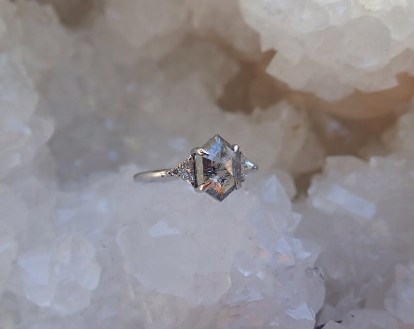 Salt and Pepper Hexagon Diamond Ring 14k White Gold - mossNstone