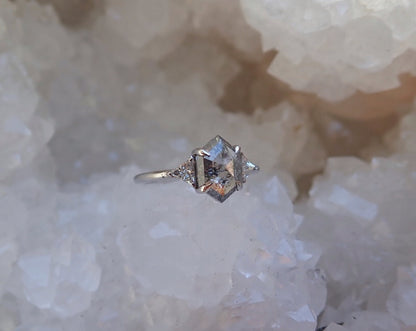 Salt and Pepper Hexagon Diamond Ring 14k White Gold - mossNstone