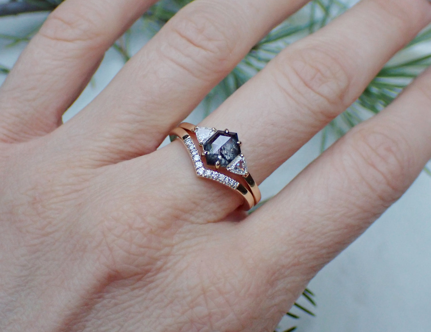 Salt and Pepper Hexagon Diamond Ring Set, 14k Yellow Gold - Salt and Pepper Diamond Ring- mossNstone