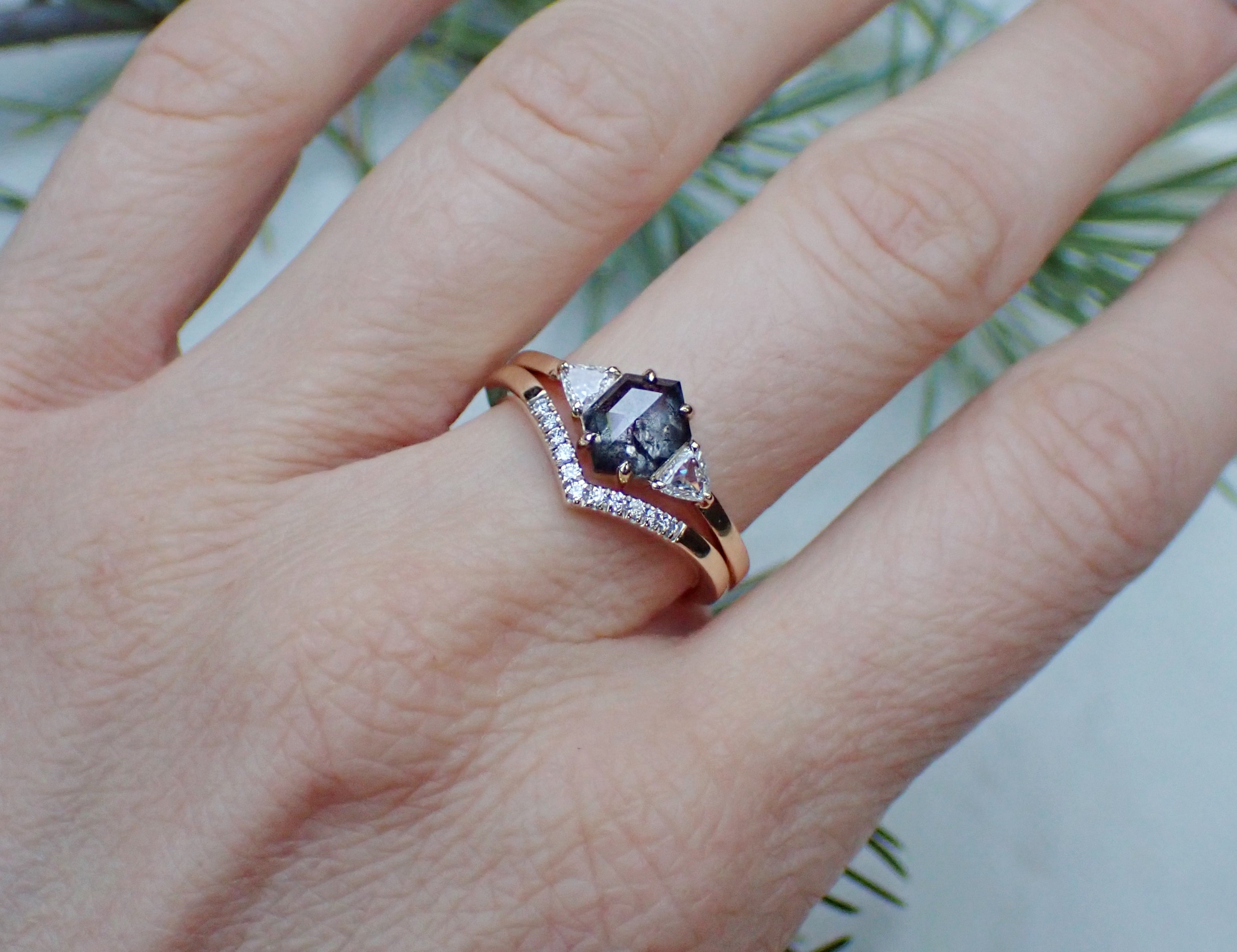Salt and Pepper Hexagon Diamond Ring Set, 14k Yellow Gold - Salt and Pepper Diamond Ring- mossNstone