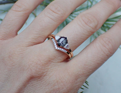 Salt and Pepper Hexagon Diamond Ring Set, 14k Yellow Gold - Salt and Pepper Diamond Ring- mossNstone