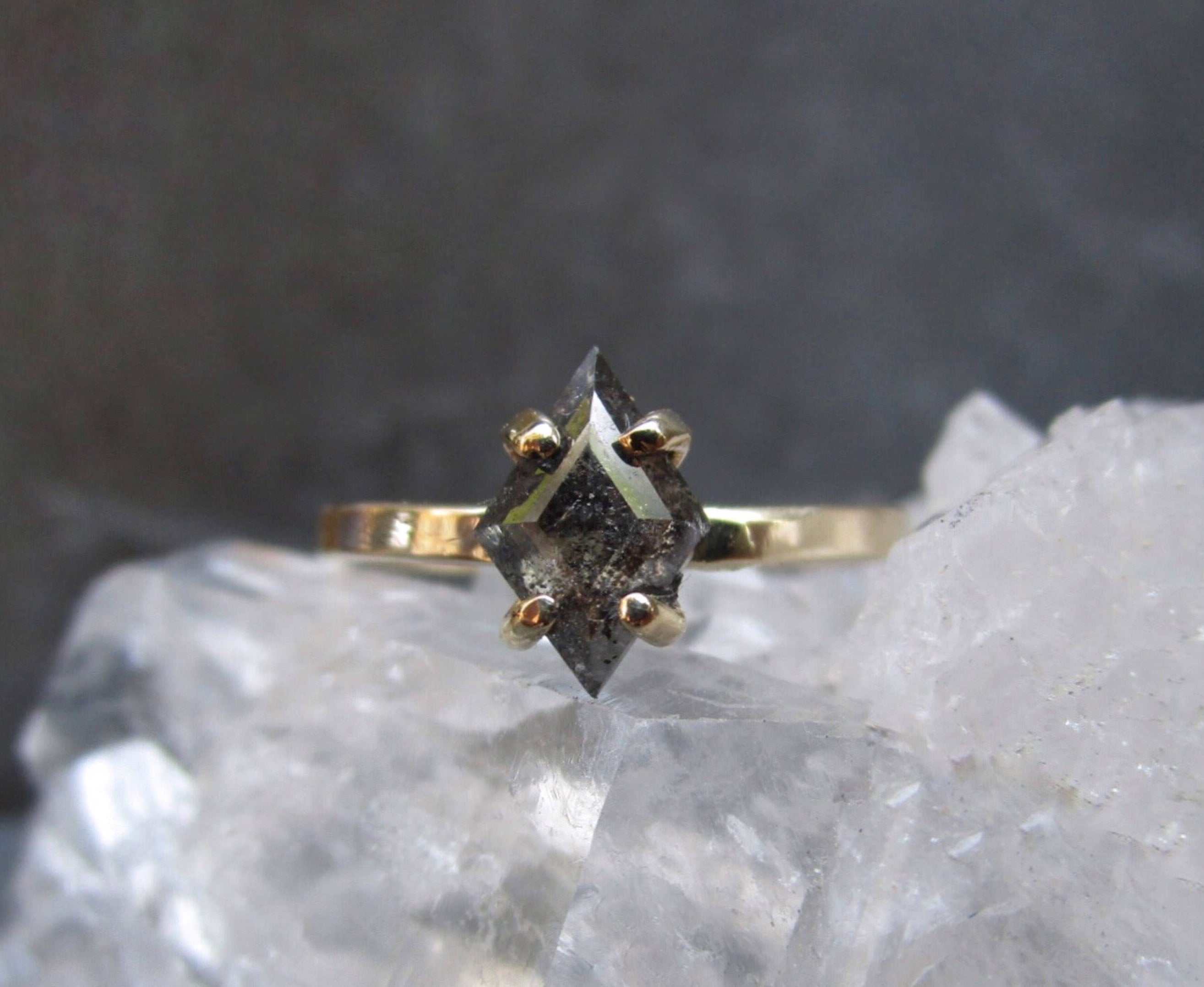 Custom: Kite Shape Salt and Pepper Diamond Ring - mossNstone