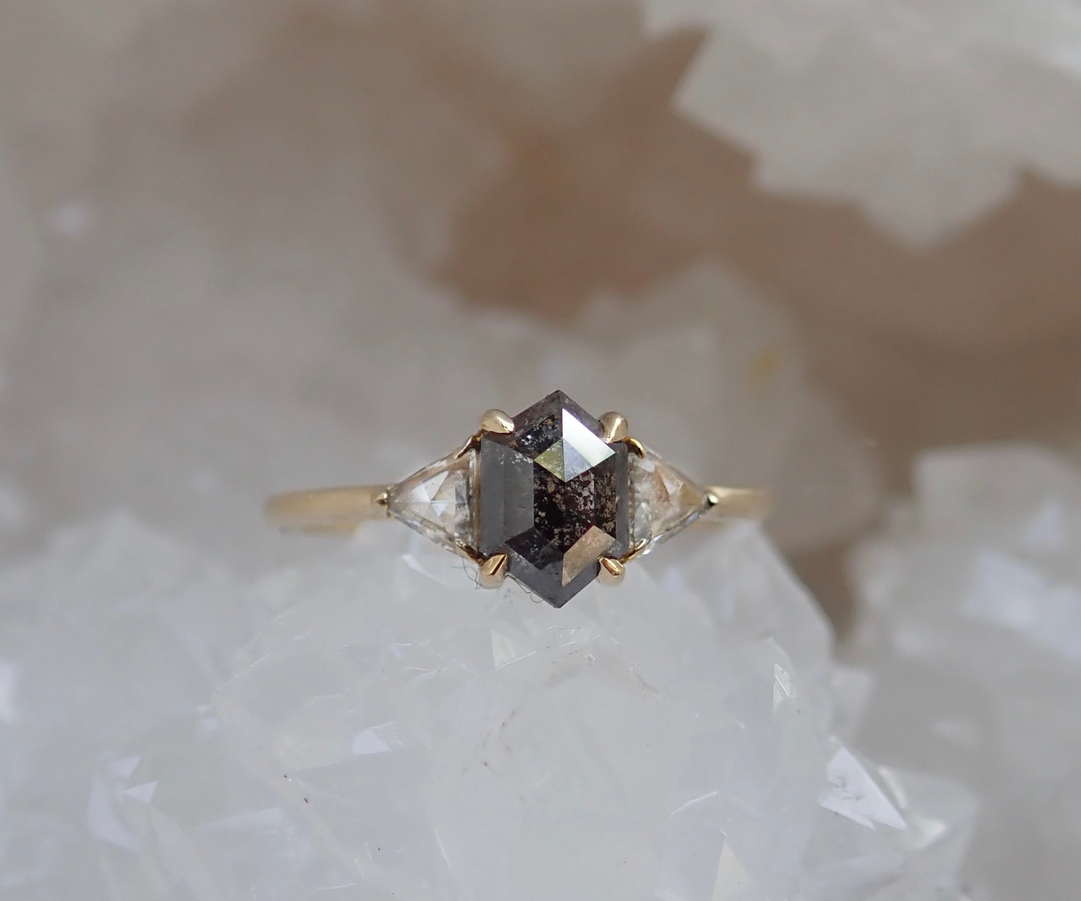 Ready to to Ship: Salt and Pepper Hexagon Diamond Ring 14k Yellow Gold, Size 6 - mossNstone