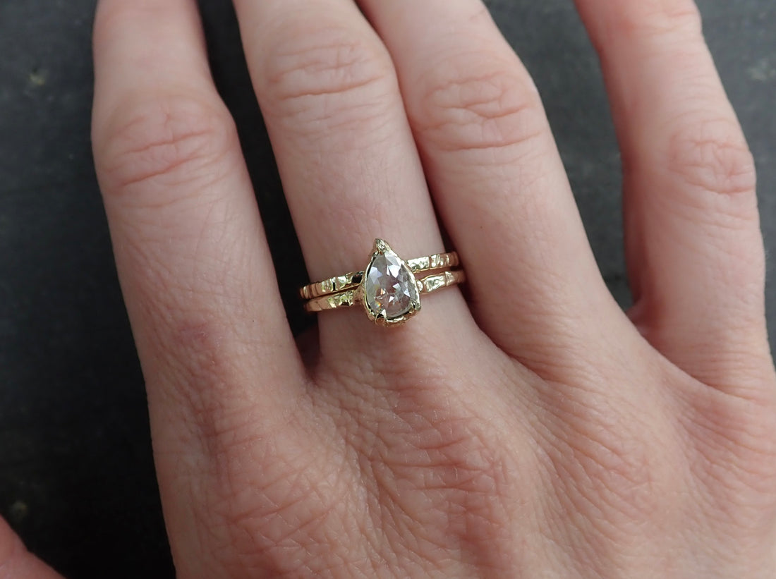 Salt and Pepper, Solitaire White Diamond Pear Set, Hand Carved in 14k yellow gold - Salt and Pepper Diamond Ring- mossNstone