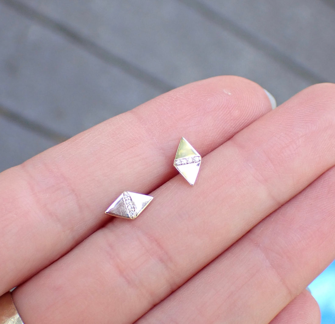 Geometric Diamond Pavé Studs, Solid 14k Gold - mossNstone