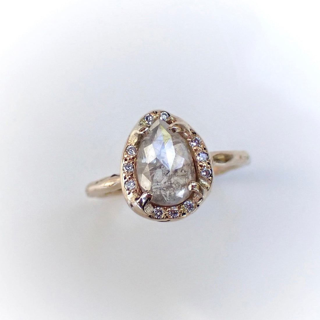 Icy White Salt and Pepper Pear Diamond Ring, in a Molten Diamond Halo - mossNstone