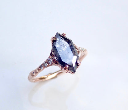 Custom Salt and Pepper Elongated Hexagon Diamond Ring, Hand Carved Se… - mossNstone