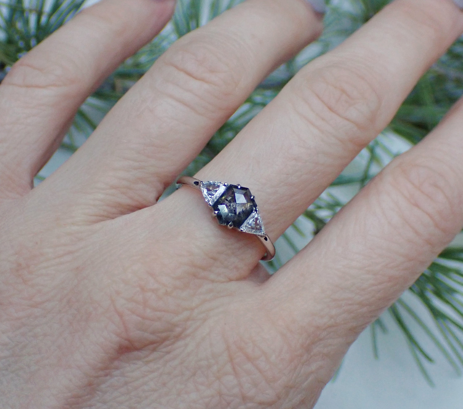 Salt and Pepper Hexagon Diamond Ring, 14k White Gold - Salt and Pepper Diamond Ring- mossNstone