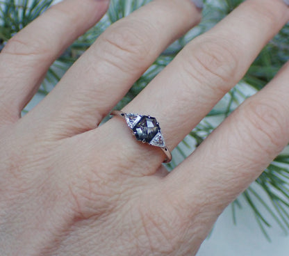 Salt and Pepper Hexagon Diamond Ring, 14k White Gold - Salt and Pepper Diamond Ring- mossNstone