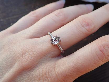 Custom: Elongated Hexagon Cut, Salt and Pepper Diamond Engagement Ring - mossNstone