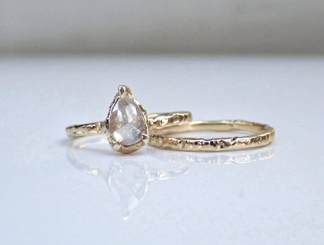 Salt and Pepper, Solitaire White Diamond Pear Set, Hand Carved in 14k yellow gold - mossNstone