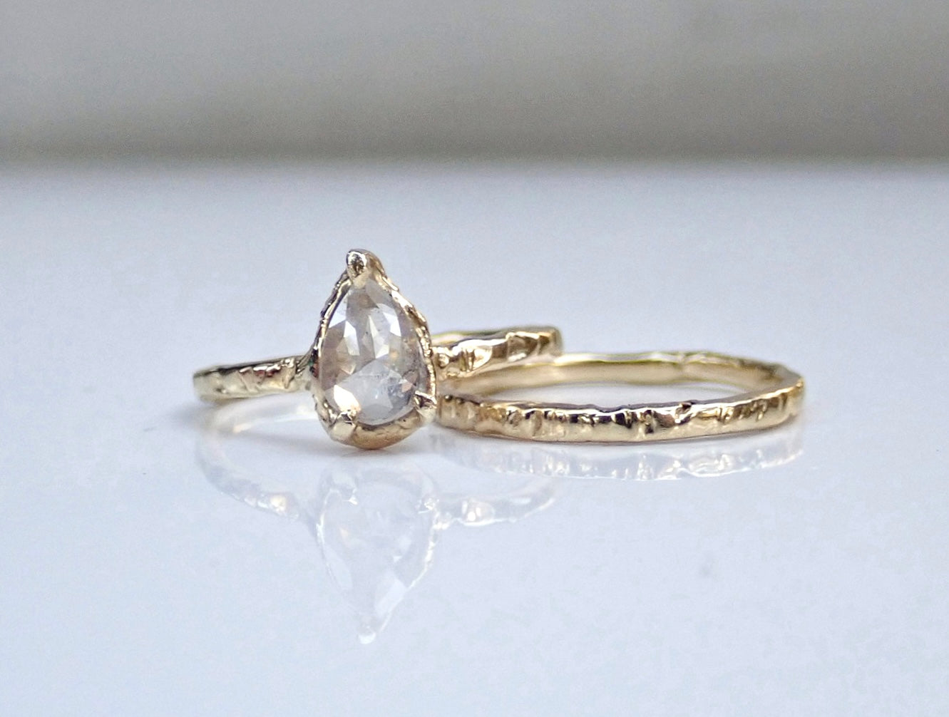 Salt and Pepper, Solitaire White Diamond Pear Set, Hand Carved in 14k yellow gold - Salt and Pepper Diamond Ring- mossNstone