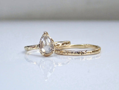 Salt and Pepper, Solitaire White Diamond Pear Set, Hand Carved in 14k yellow gold - Salt and Pepper Diamond Ring- mossNstone
