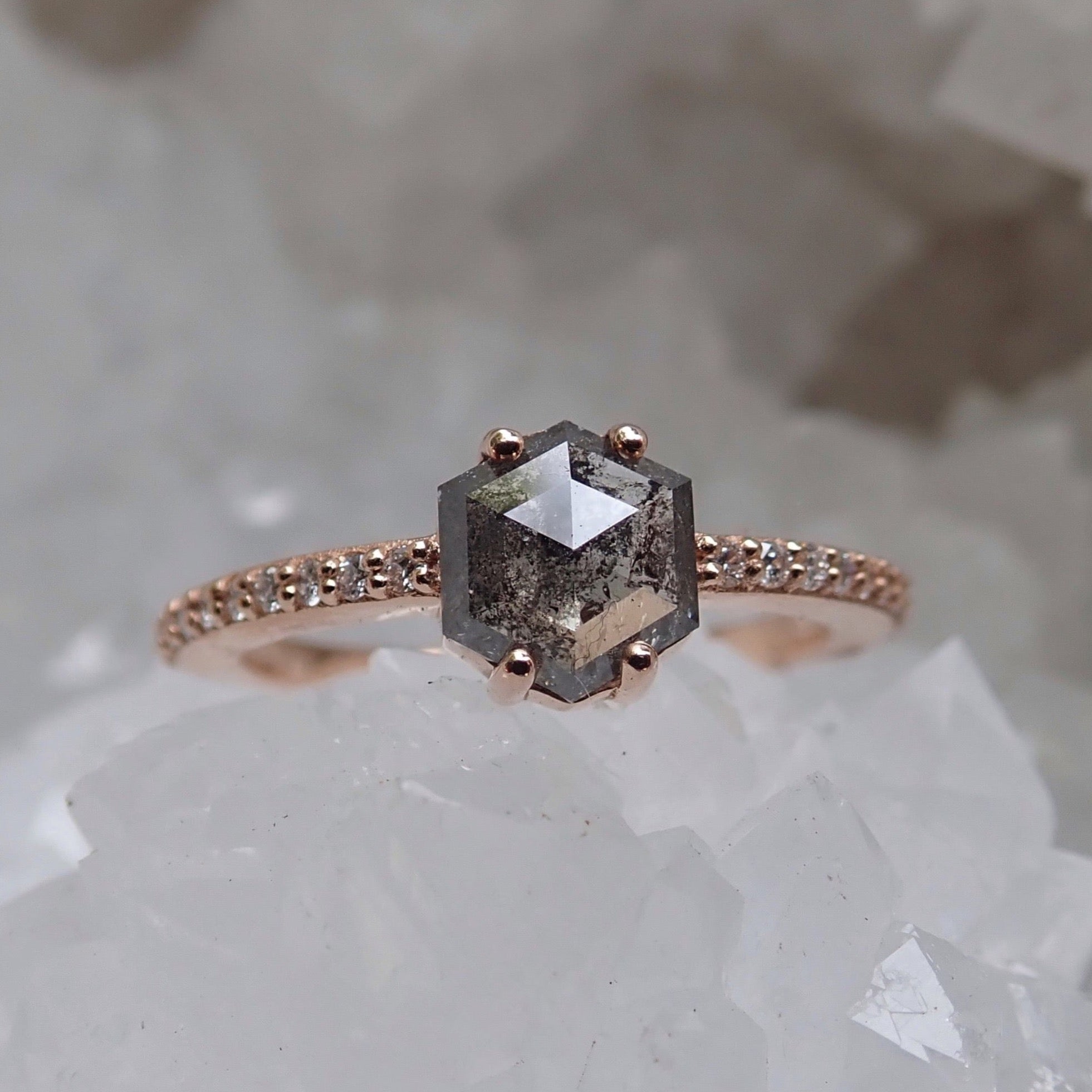 Salt and Pepper Hexagon Diamond Pavé Ring, 14k Rose Gold - mossNstone