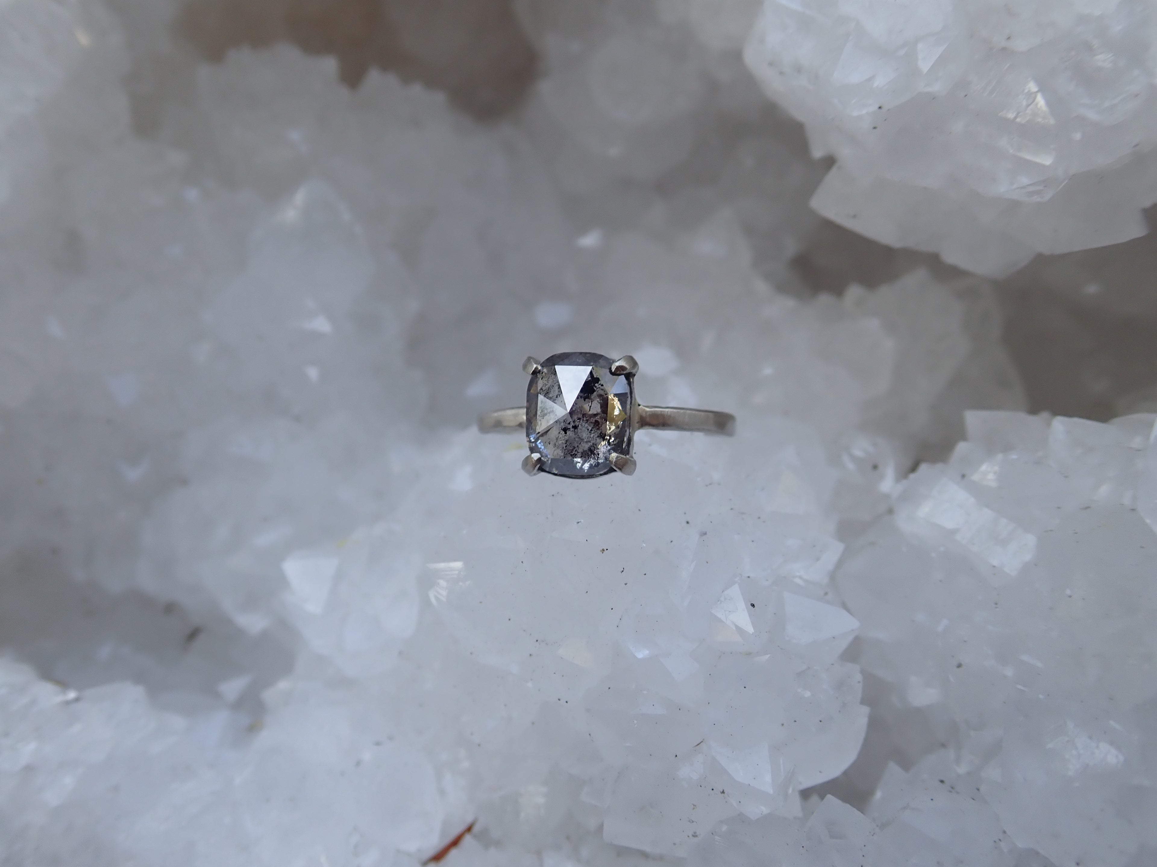 Custom: Cushion and Oval, Rose Cut Salt and Pepper Diamond Ring - mossNstone