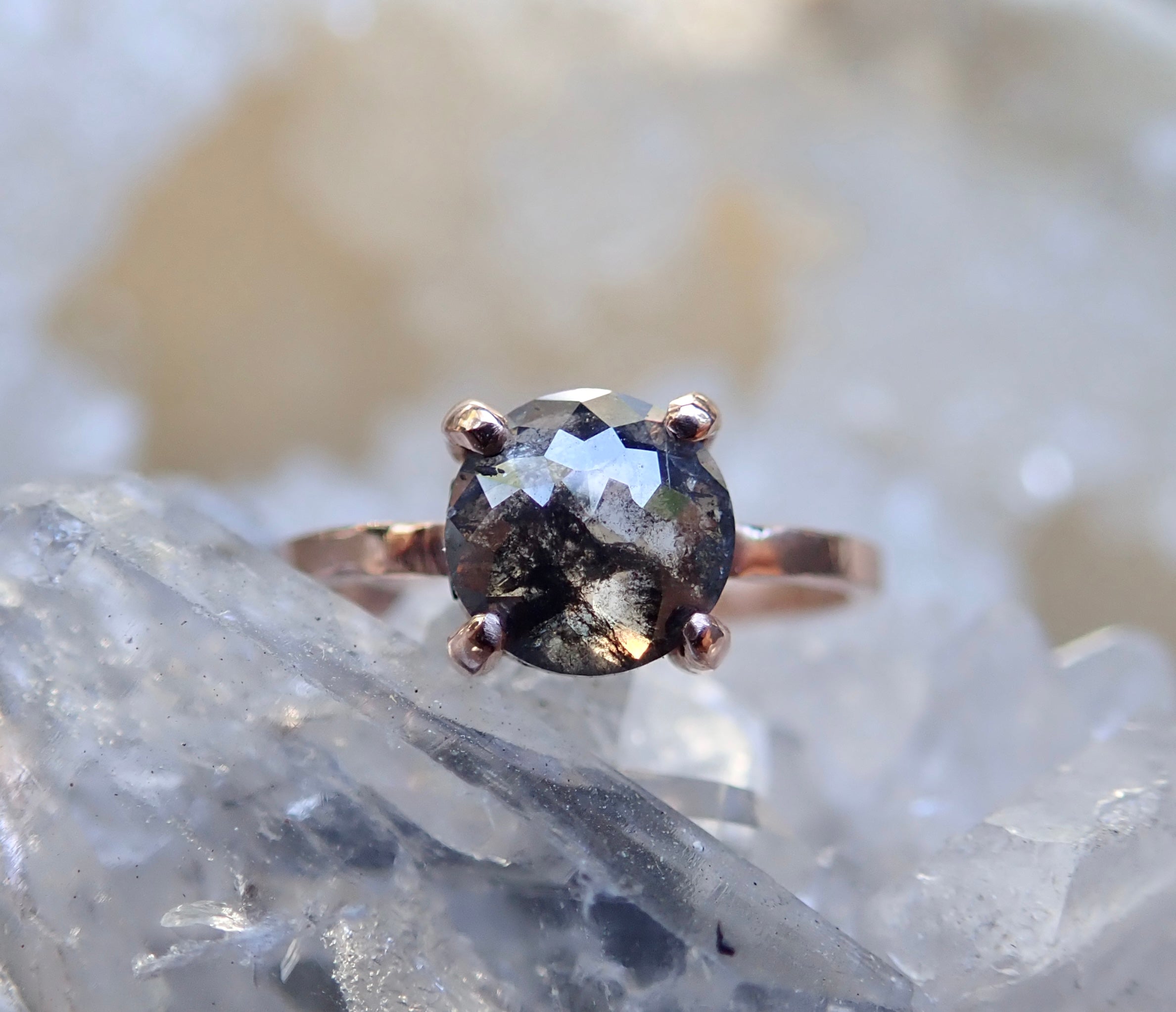 Custom: Round Rose Cut Salt and Pepper Diamond Ring - Salt and Pepper Diamond Ring- mossNstone