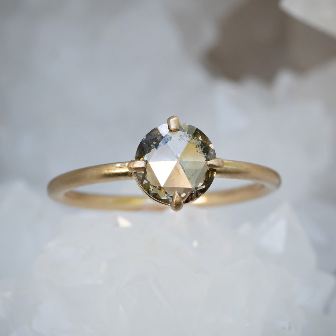 Salt and pepper round diamond ring yellow gold compass ring