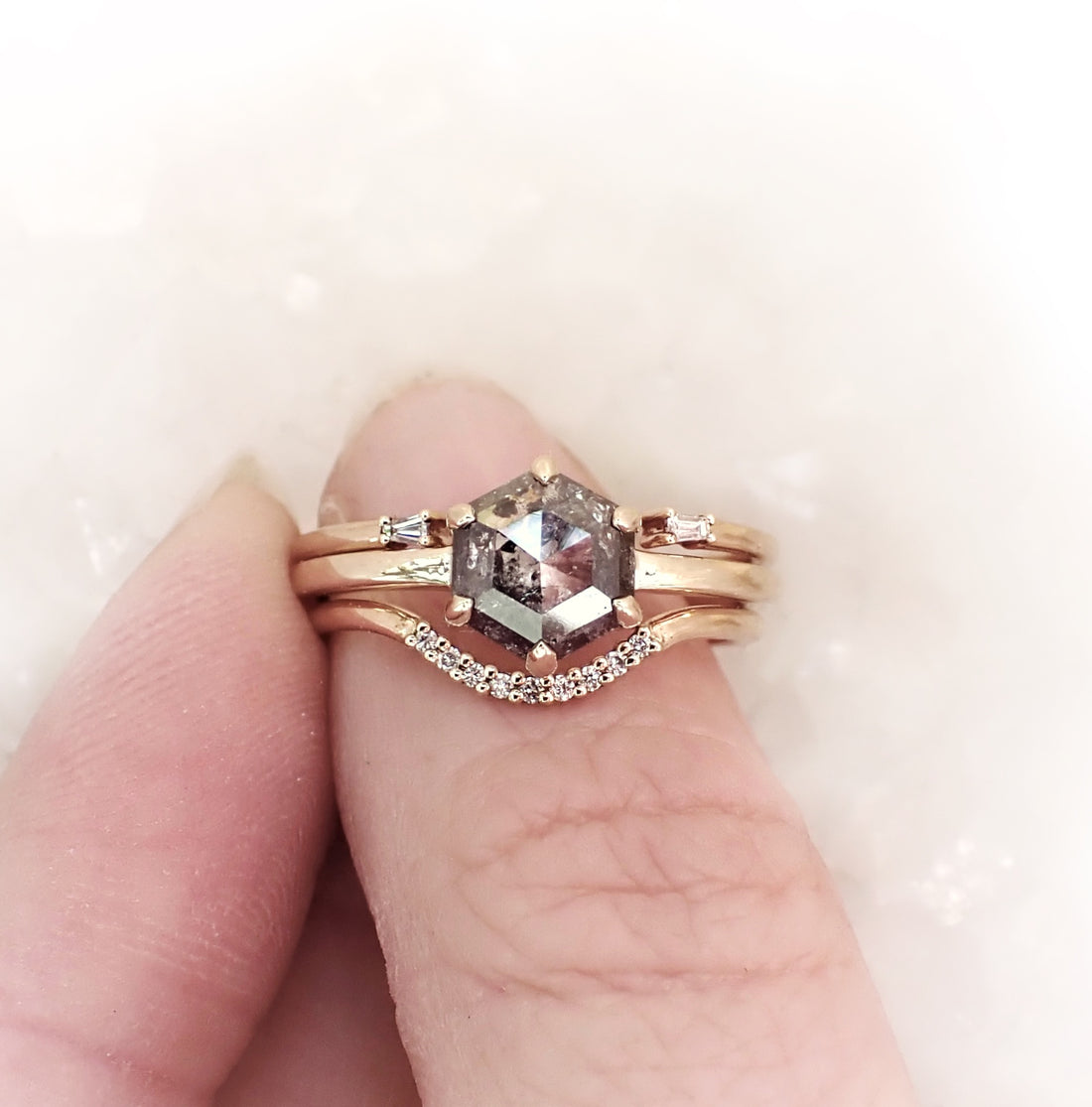 Baguette Cuff Wedding Band with White Diamonds - Salt and Pepper Diamond Ring- mossNstone