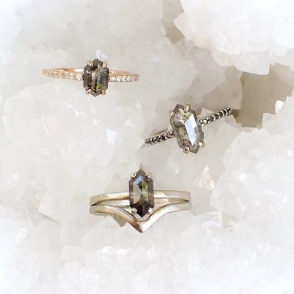 Custom: Elongated Hexagon Cut, Salt and Pepper Diamond Engagement Ring