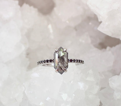 Custom: Elongated Hexagon Cut, Salt and Pepper Diamond Engagement Ring