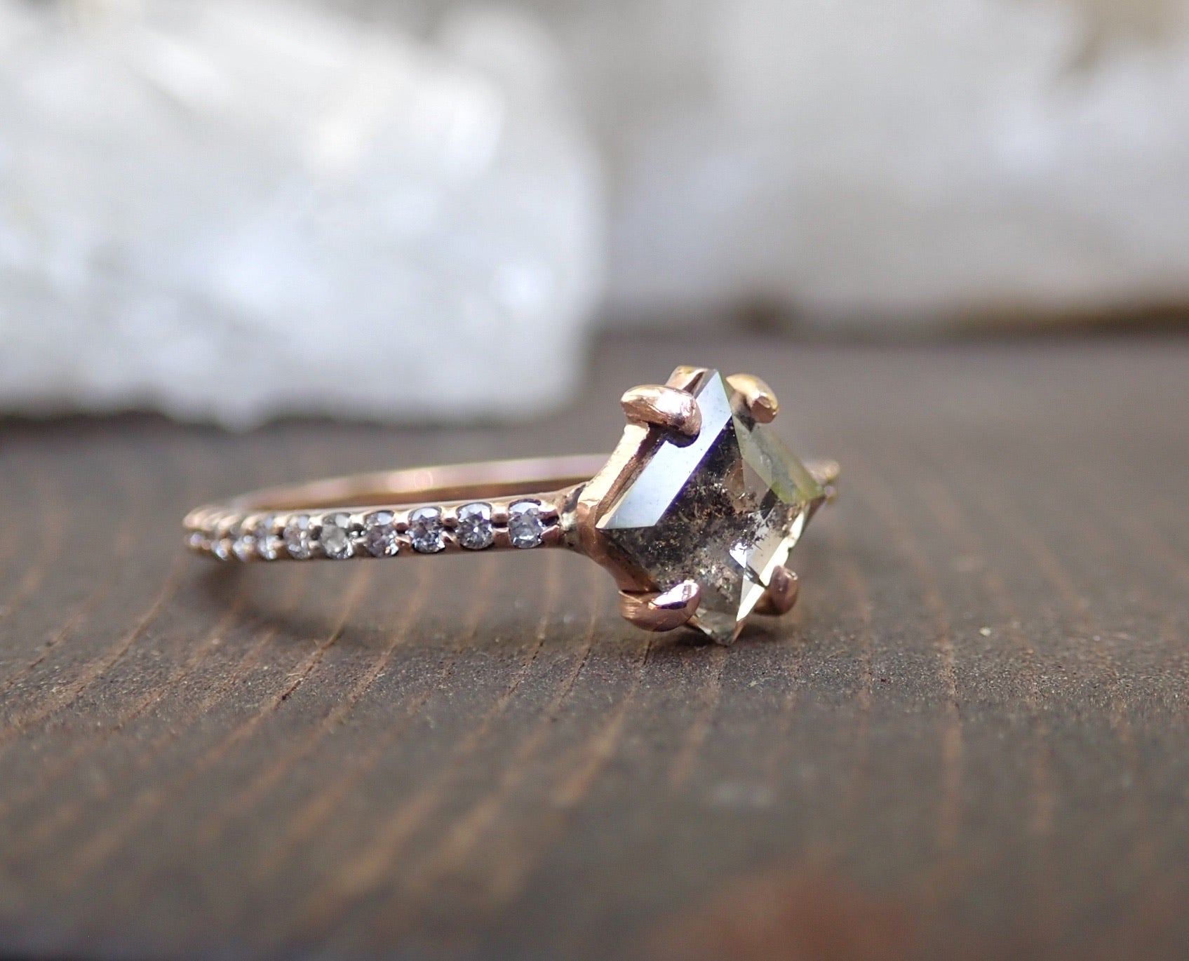 Custom: Kite Shape Salt and Pepper Diamond Ring - mossNstone