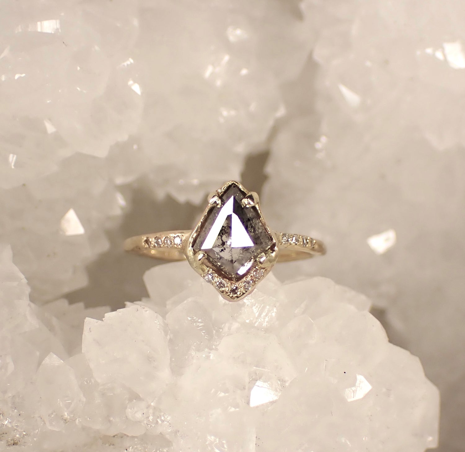 Salt and Pepper Kite Diamond, 14k Gold mossNstone