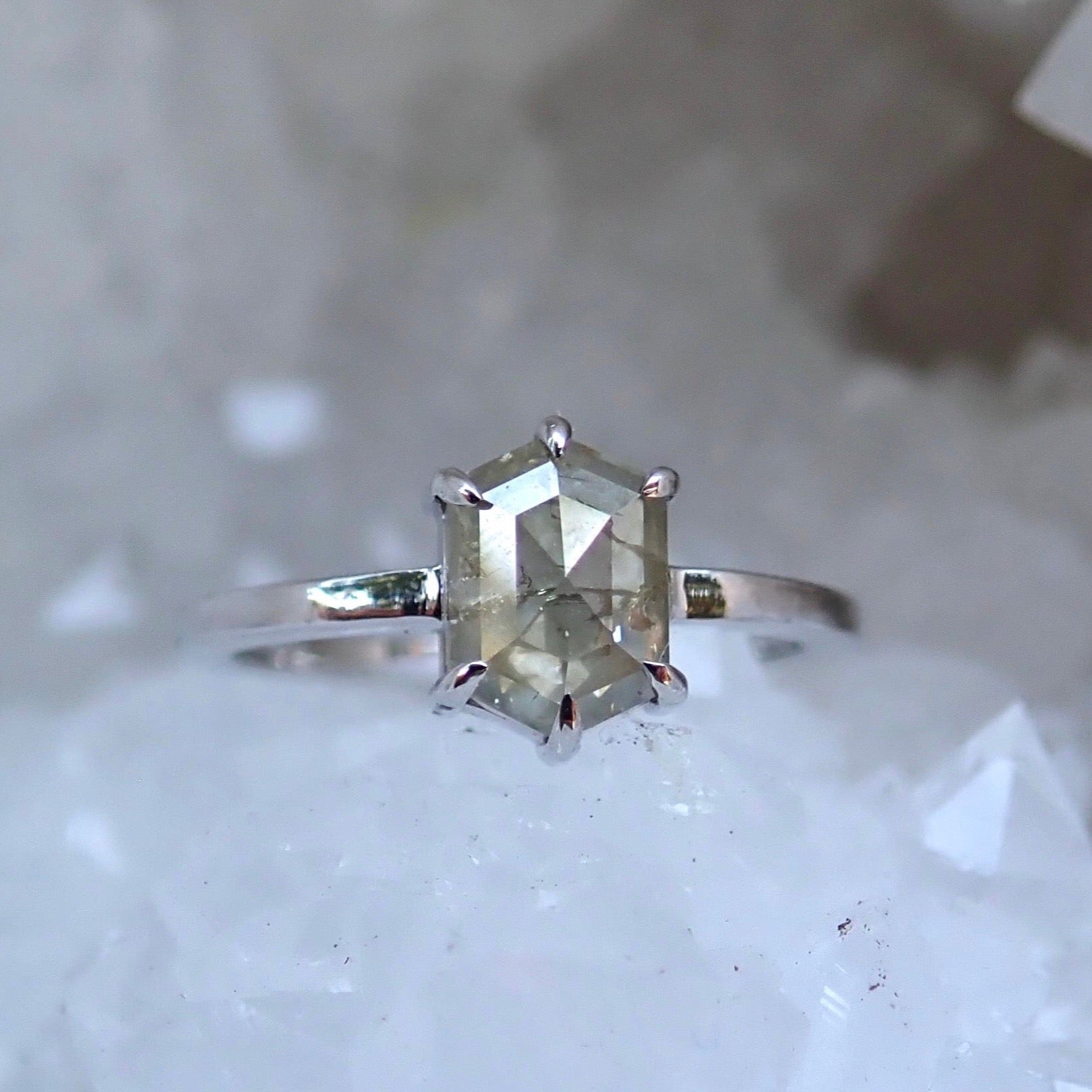 Elongated Hexagon Salt and Pepper Diamond Ring 14k White Gold - mossNstone