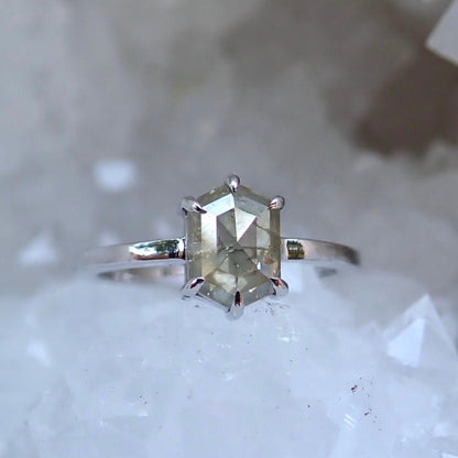 Elongated Hexagon Salt and Pepper Diamond Ring 14k White Gold - Salt and Pepper Diamond Ring- mossNstone