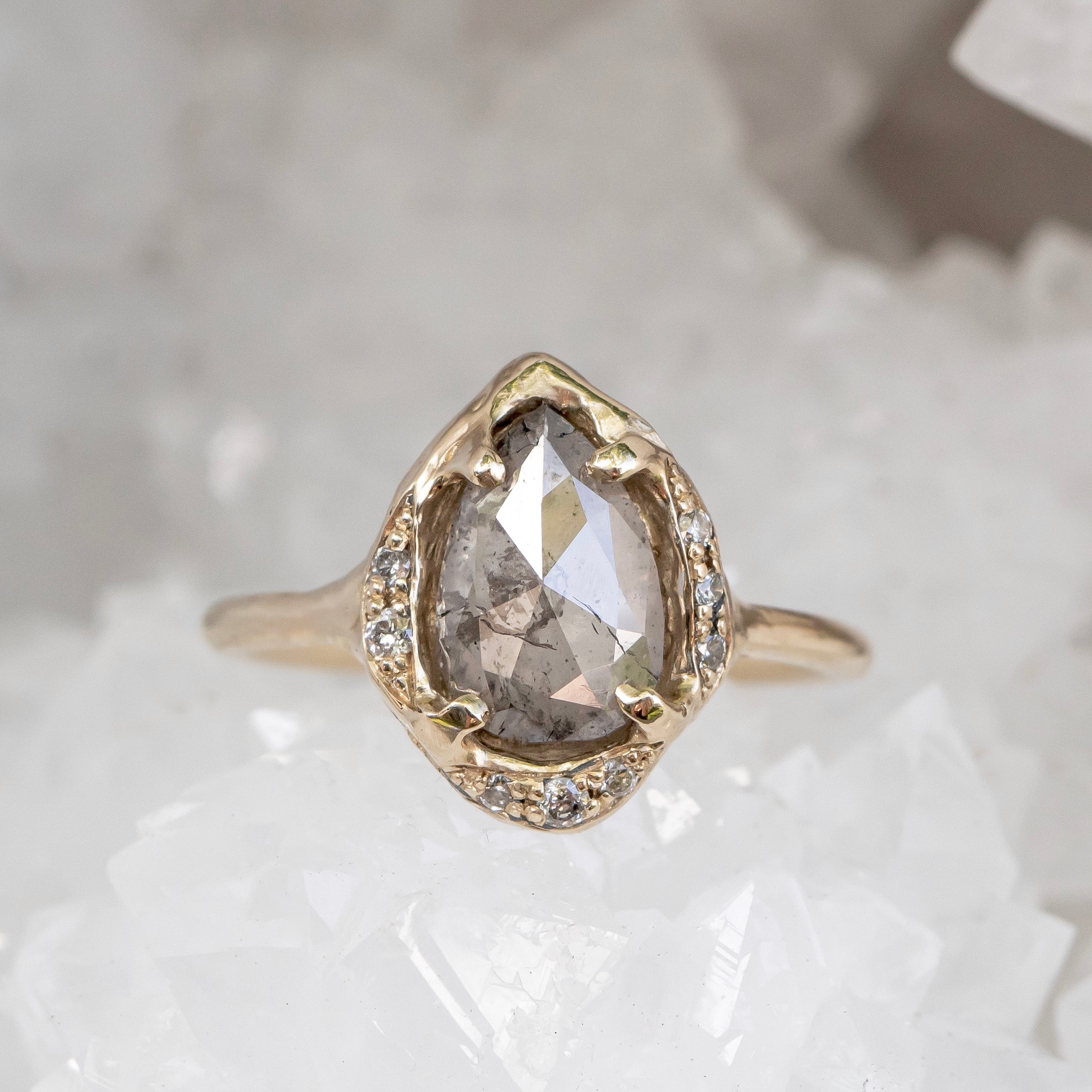 1.72ct Salt and Pepper Pear Diamond Ring in a Scattered Halo Setting