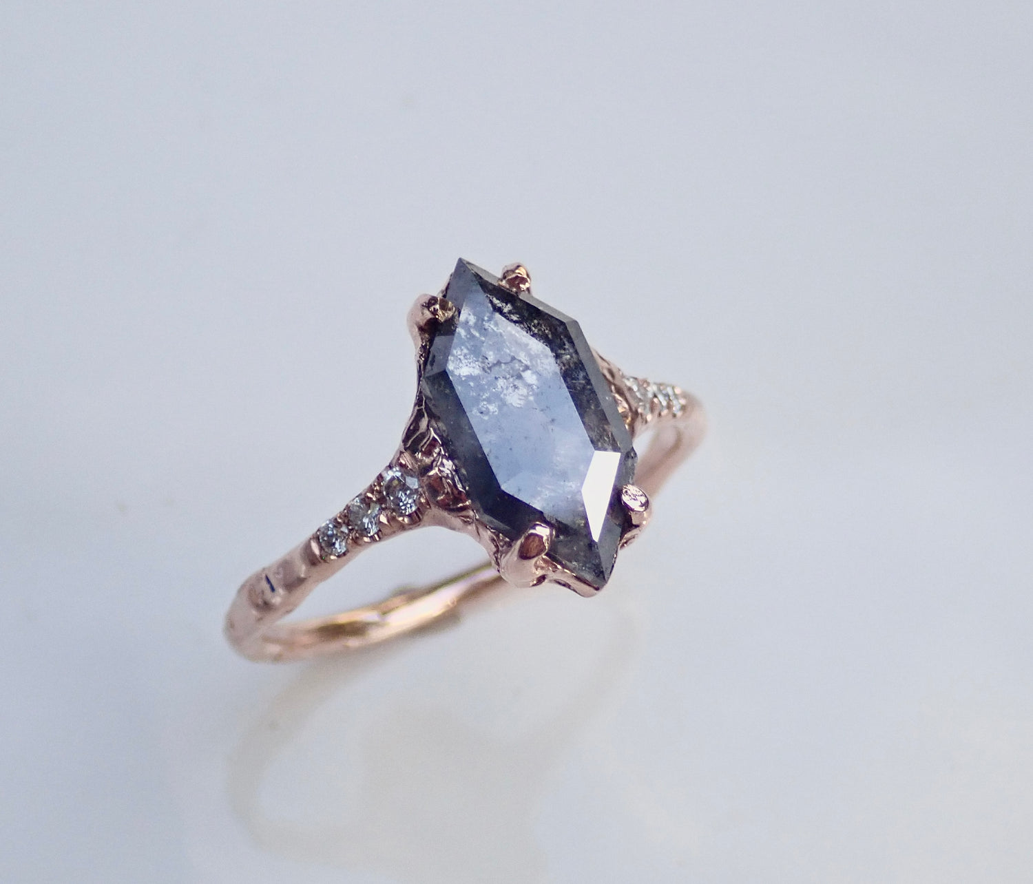 Salt and Pepper,  Elongated Hexagon, Black Diamond, 14k Rose Gold - Salt and Pepper Diamond Ring- mossNstone