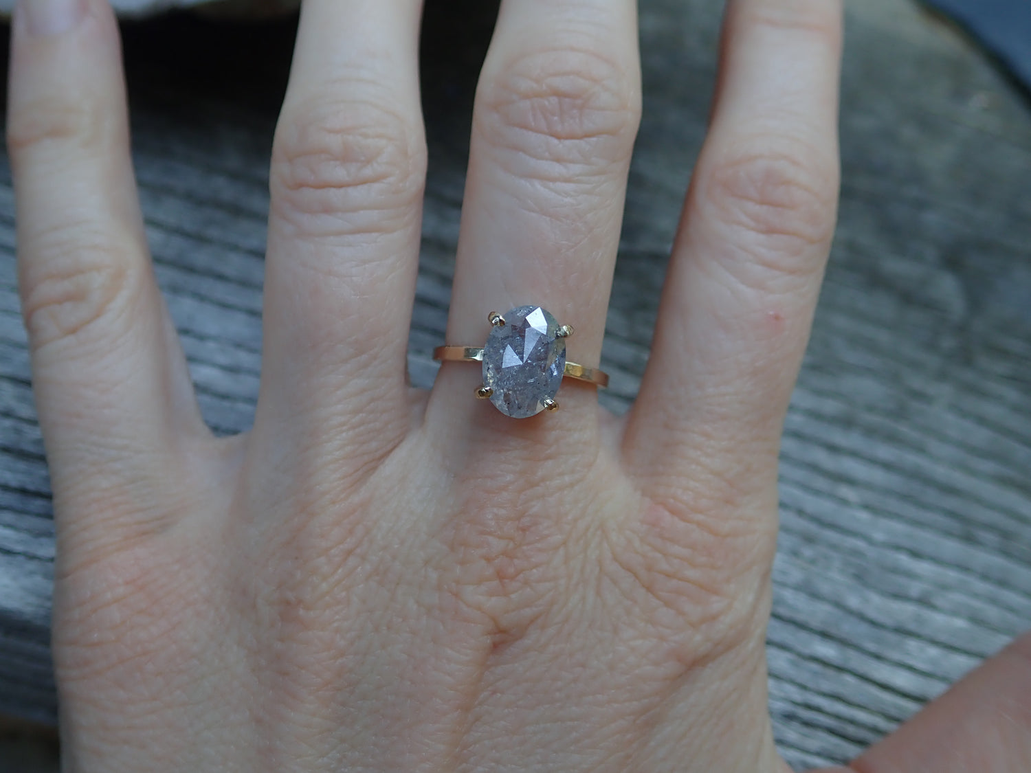 Custom: Cushion and Oval, Rose Cut Salt and Pepper Diamond Ring - mossNstone