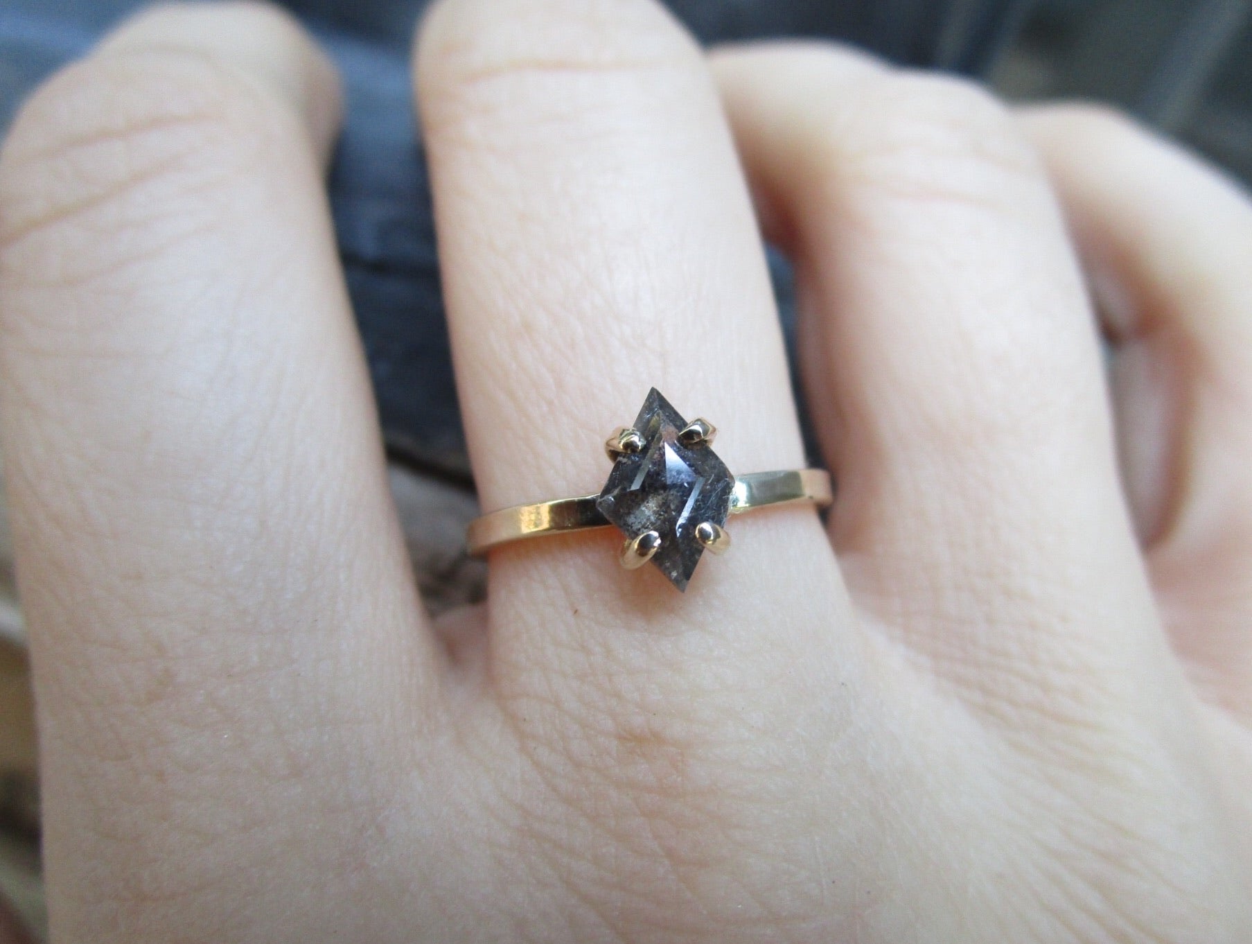 Custom: Kite Shape Salt and Pepper Diamond Ring - mossNstone