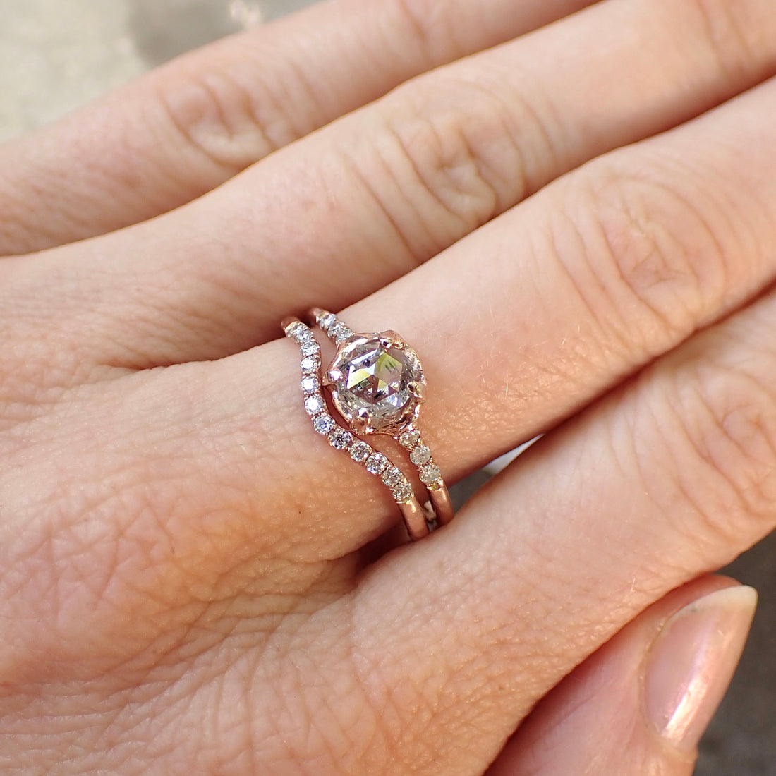 Salt and Pepper Round Diamond ring set, Hand Carved in 14k Rose Gold.