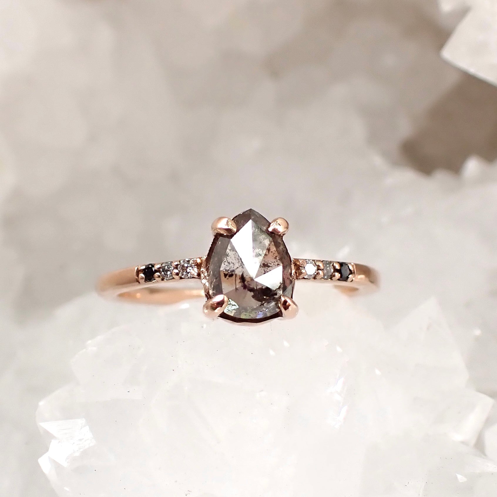 Salt and Pepper Pear - Ombre Accent Diamond Ring, 14k Rose Gold