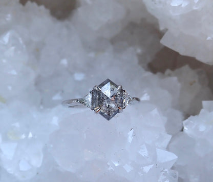Salt and Pepper Hexagon Diamond Ring 14k White Gold - mossNstone