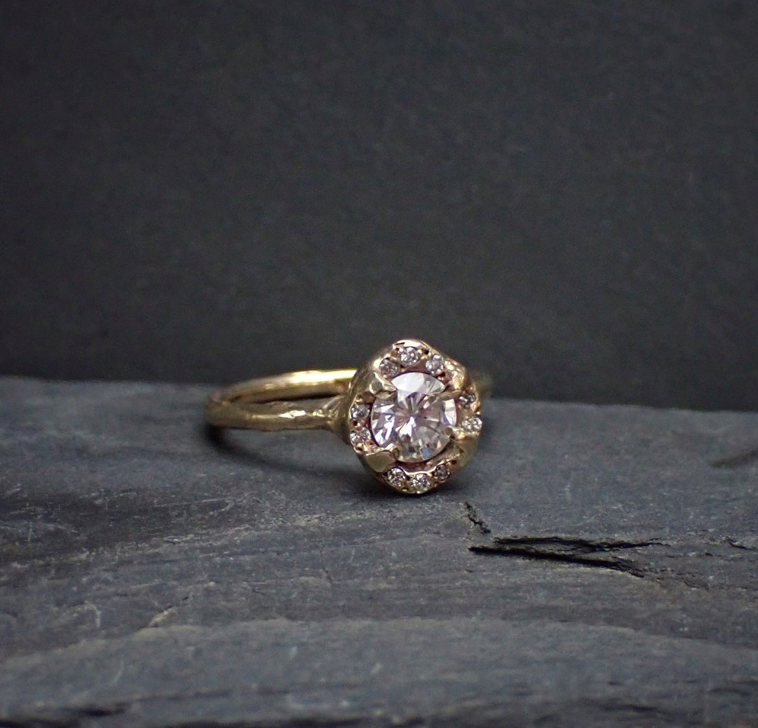 Half Carat GIA Diamond in a Molten Gold Halo Setting - mossNstone