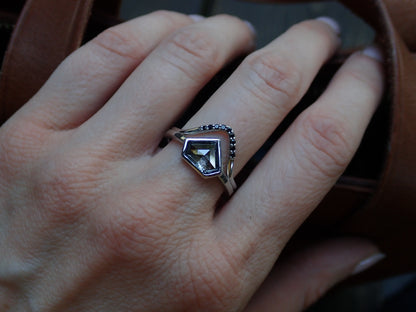 Shield Cut Salt and Pepper Diamond Ring, Bezel Set in 14k White Gold - mossNstone