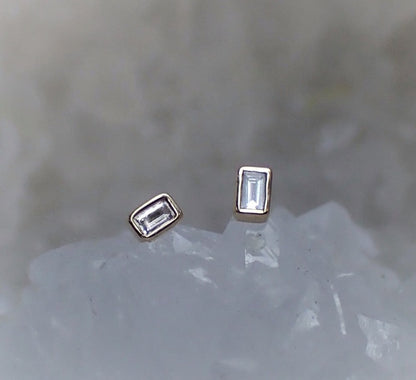 Baguette Diamond Stud Earrings, Solid 14k Gold - mossNstone