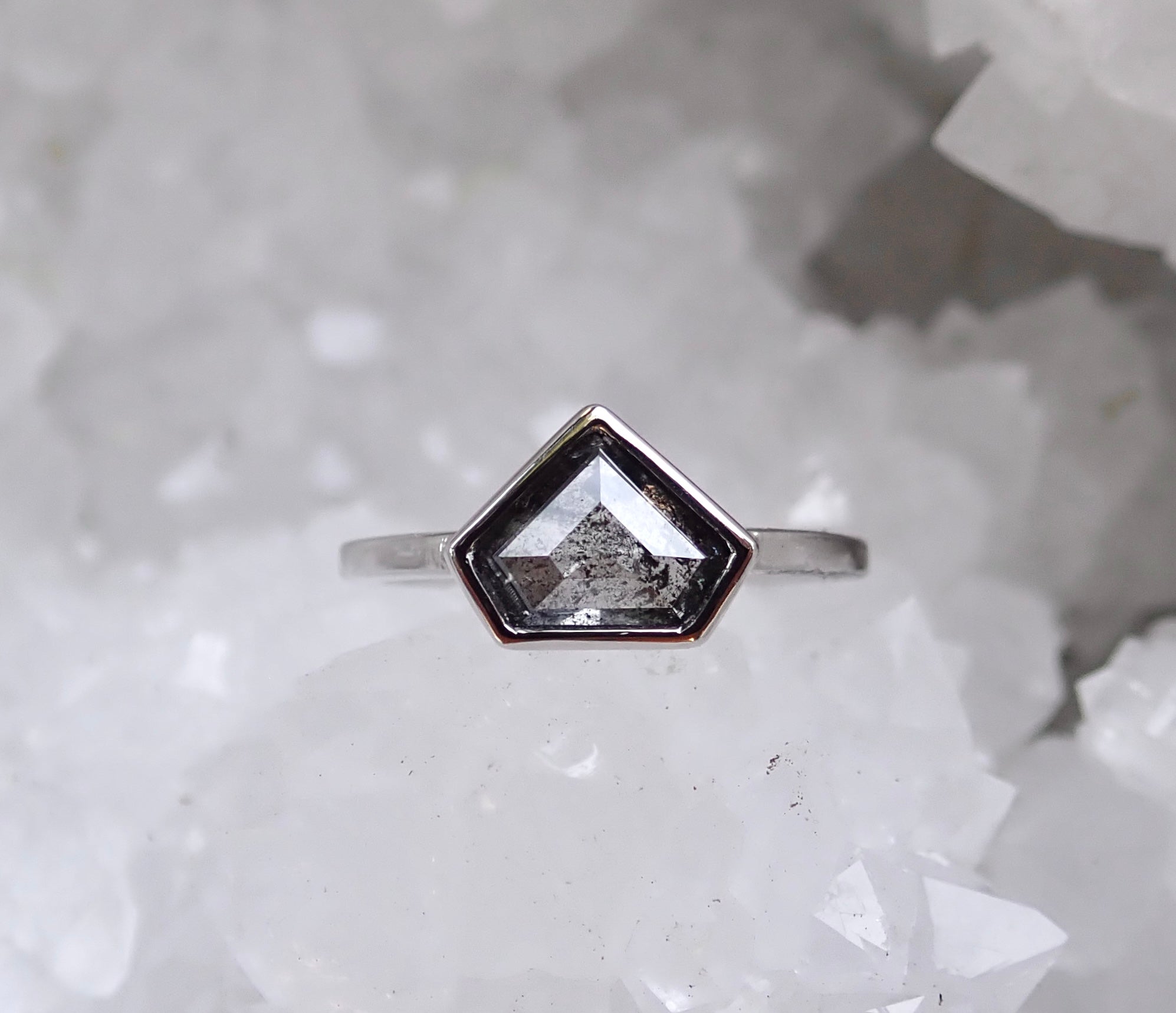 Shield Cut Salt and Pepper Diamond Ring, Bezel Set in 14k White Gold - mossNstone