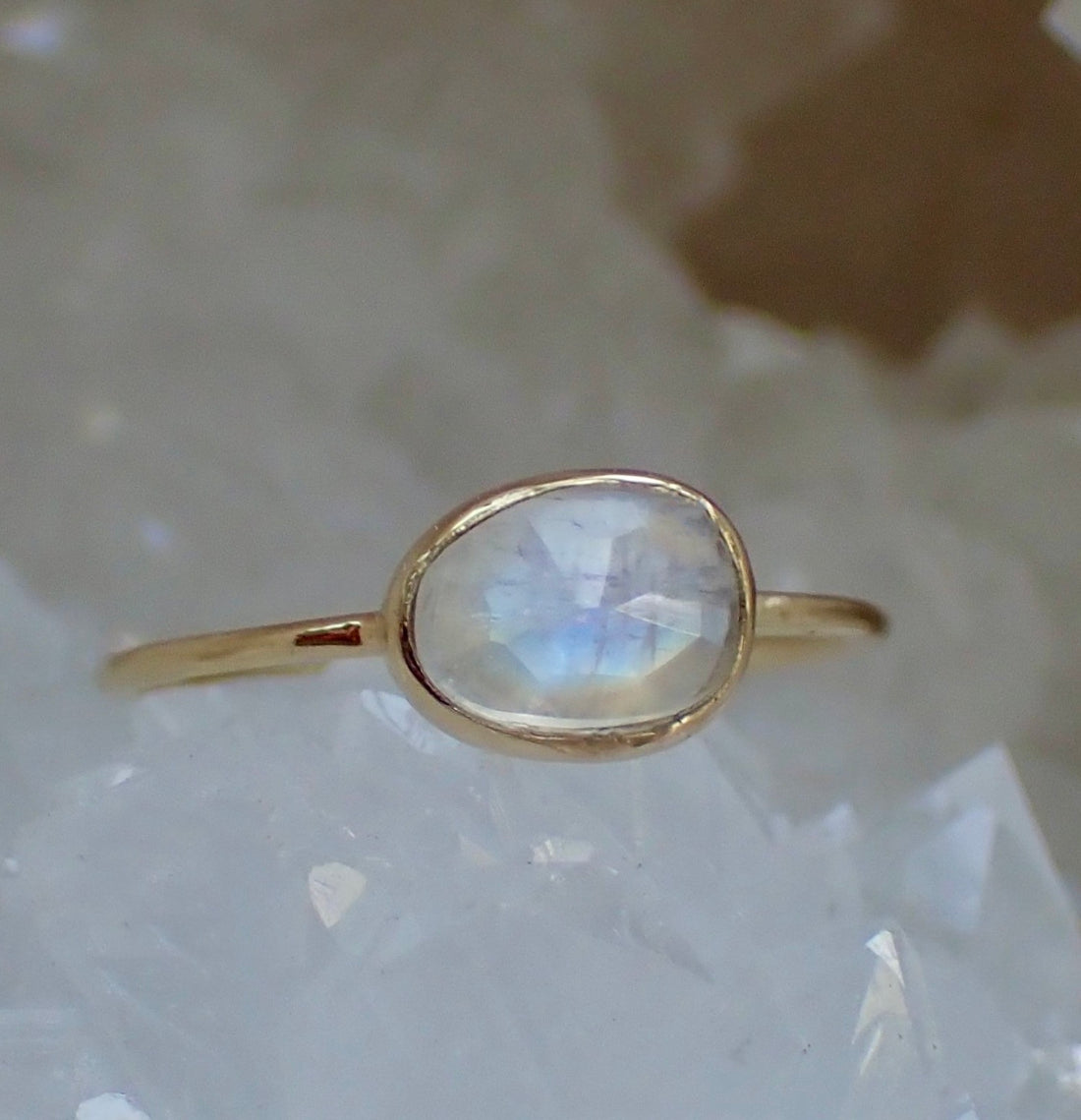 Rainbow Moonstone Ring, Solid 14k, Rose Cut Moonstone, Minimalist Ring - mossNstone