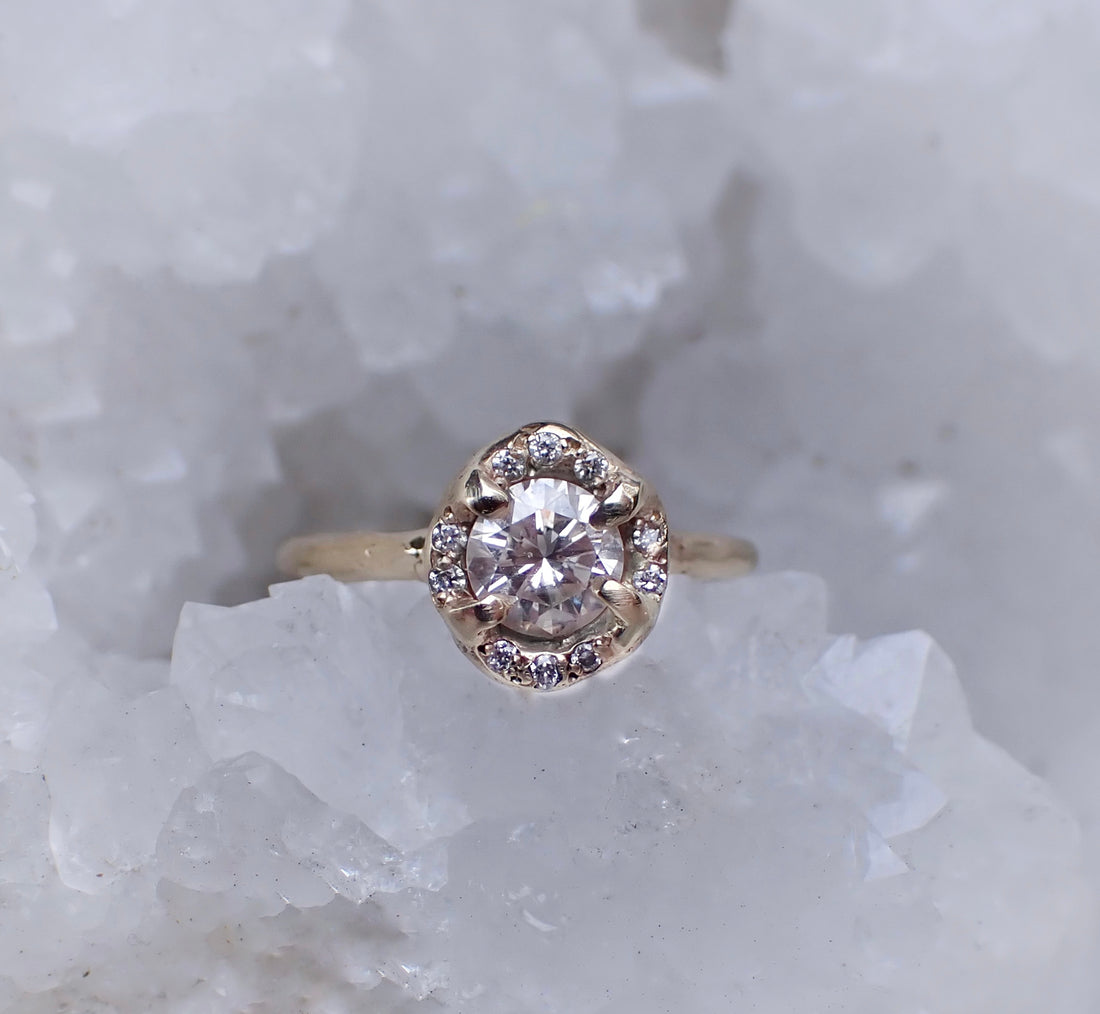 Half Carat GIA Diamond in a Molten Gold Halo Setting - mossNstone