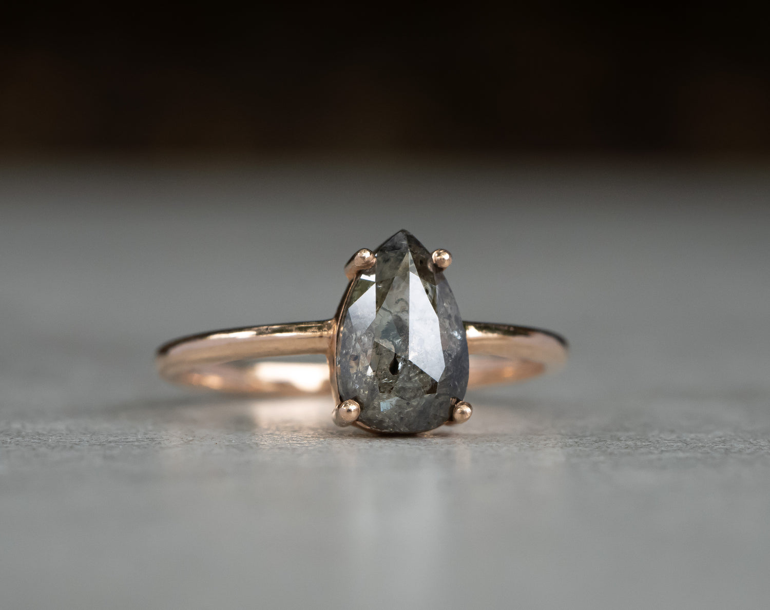 Salt and Pepper Pear Diamond Ring, 14k Rose Gold Solitiare.