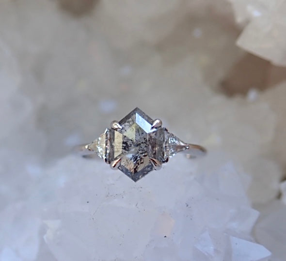Salt and Pepper Hexagon Diamond Ring 14k White Gold - mossNstone