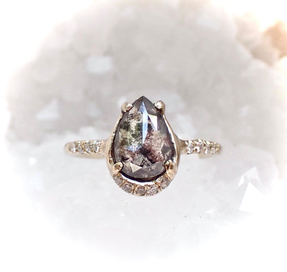Salt and Pepper Pear Diamond Ring, 14k Gold - mossNstone