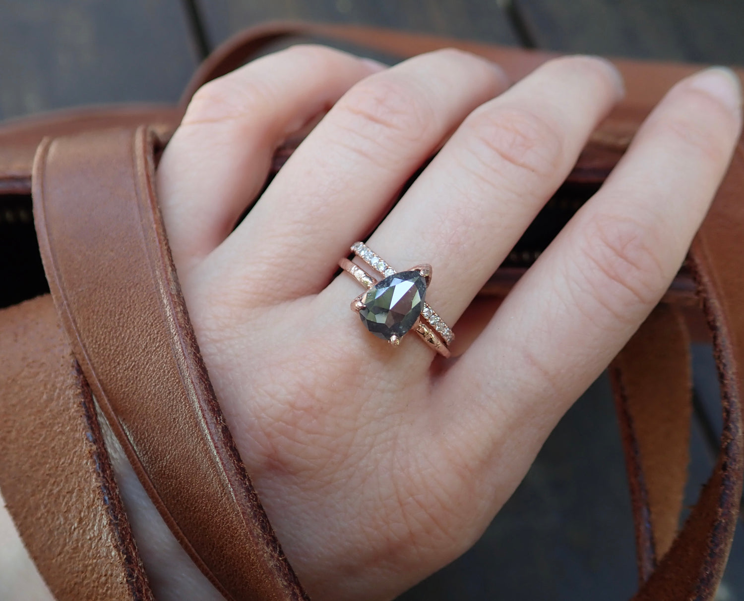 Salt and Pepper Diamond Pear Wedding Set, Hand Carved in 14k Rose Gold - mossNstone